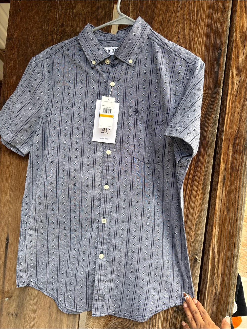 Original Penguin Light Blue Short-Sleeve Button-Down Shirt with Pattern